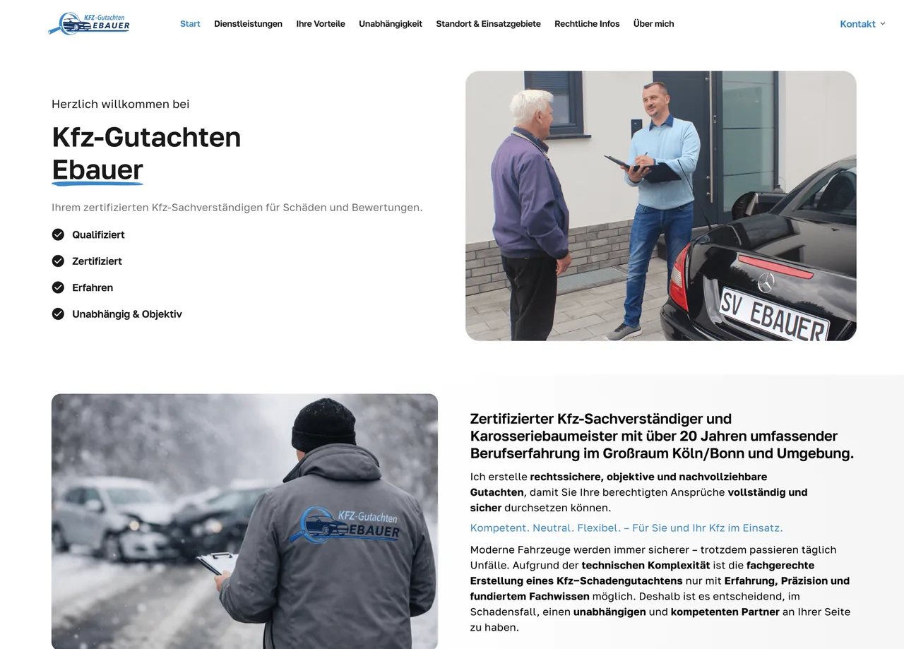 Startseite der Website von KFZ-Gutachten Ebauer