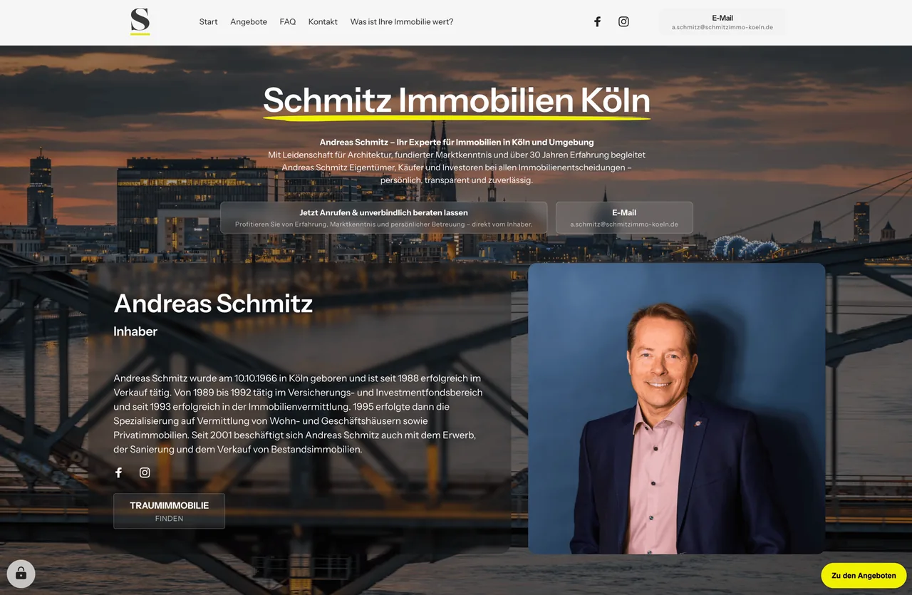Startseite der Website von Schmitz Immobilien Köln mit Inhaber Andreas Schmitz